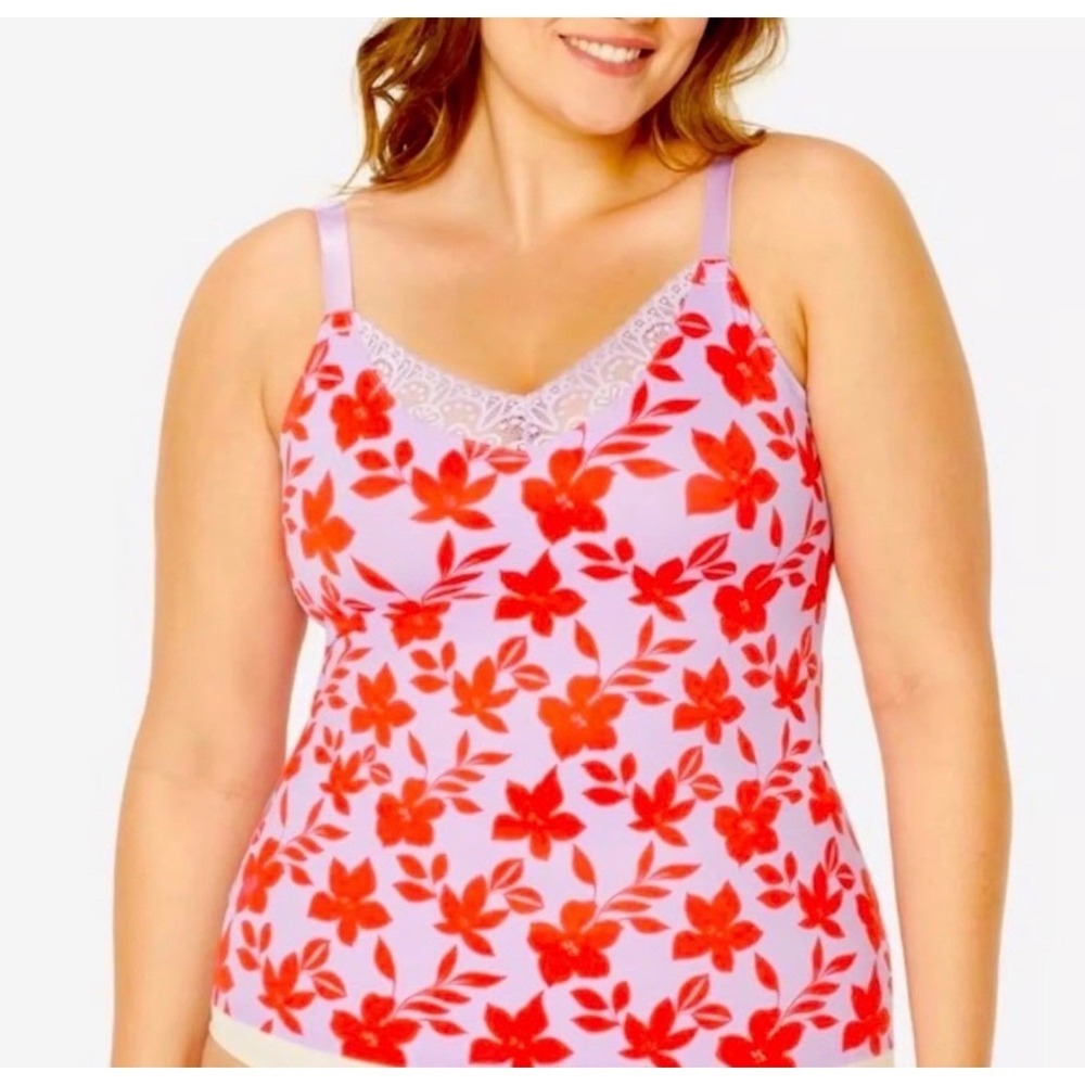 Ruby Ribbon‎ Floral Print Lavender Red Lace Trim Camisole Tank Top Size 48